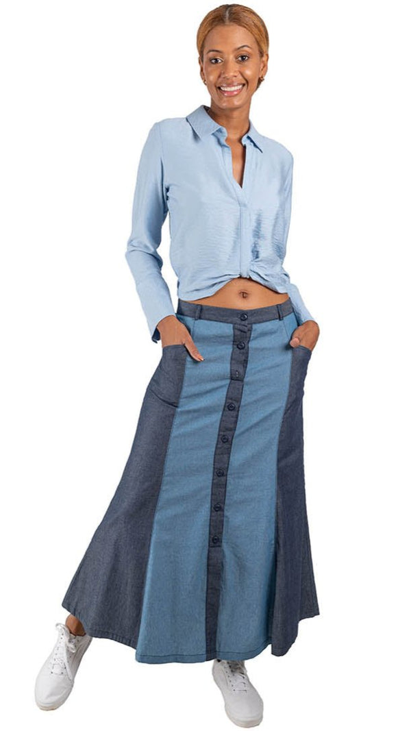 Falda índigo bi color con botones