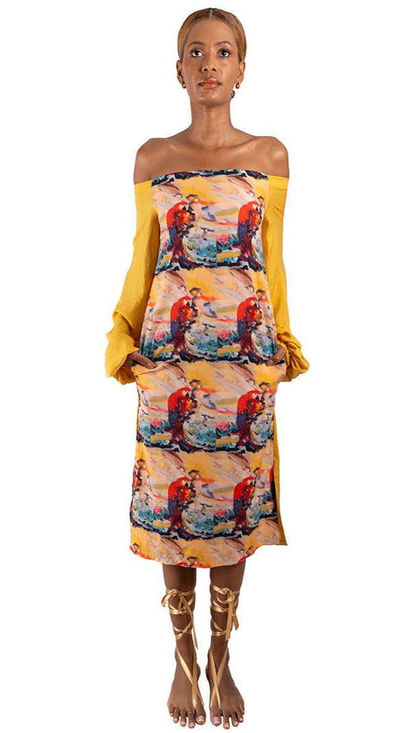 Vestido escote barco manga puff