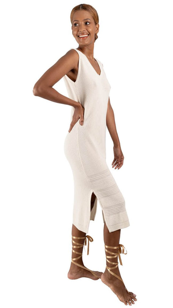 Vestido tejido acanalado cuello V